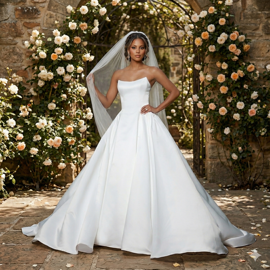 Mariée portant un modèle de robe de mariée princesse S6234, une création en satin. Elle est présentée dans un décor de verrière lumineuse avec un jardin de roses.