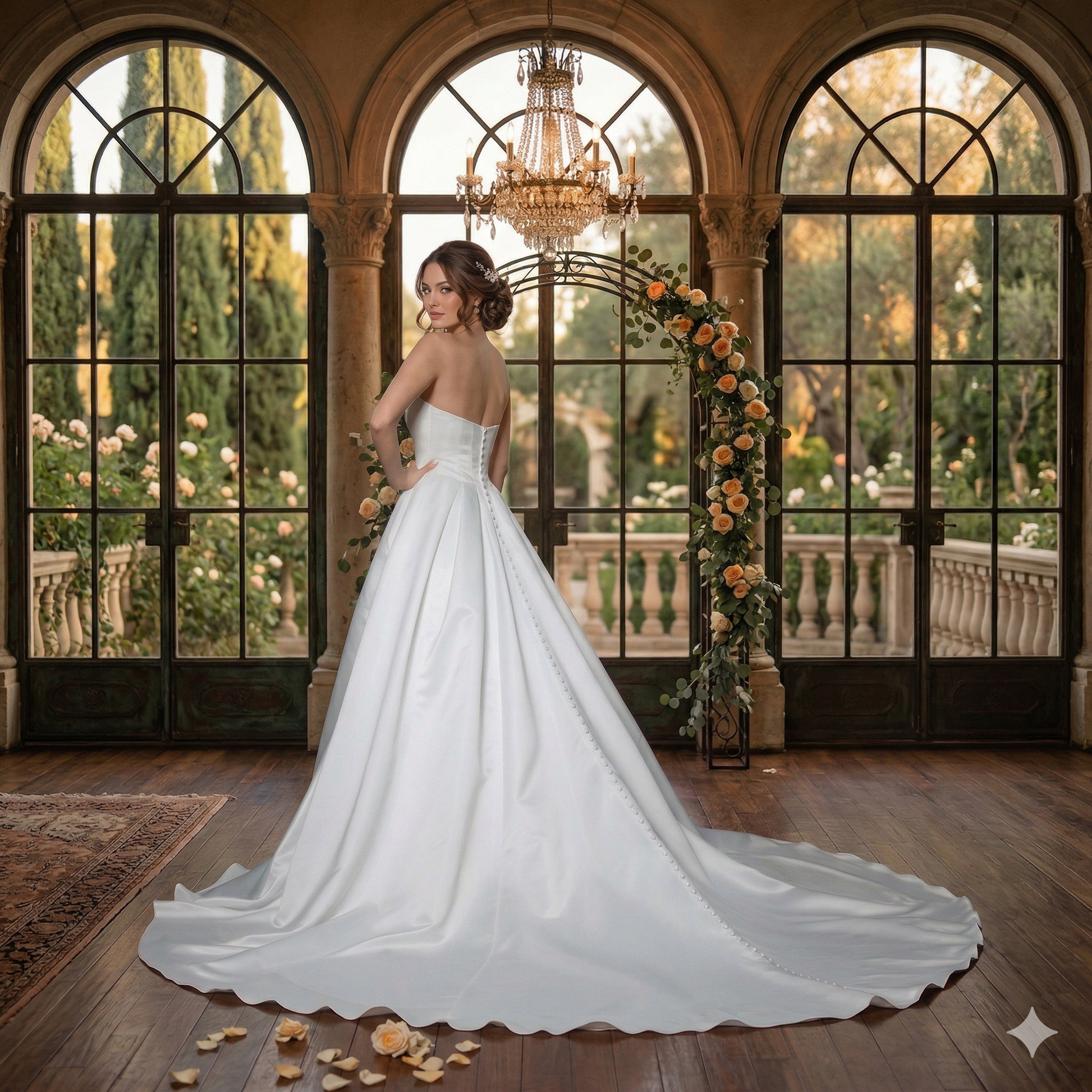 Vue arrière d'une mariée portant une robe de bal en satin ivoire avec une longue traîne boutonnée, posant dans une salle de réception luxueuse avec lustre.