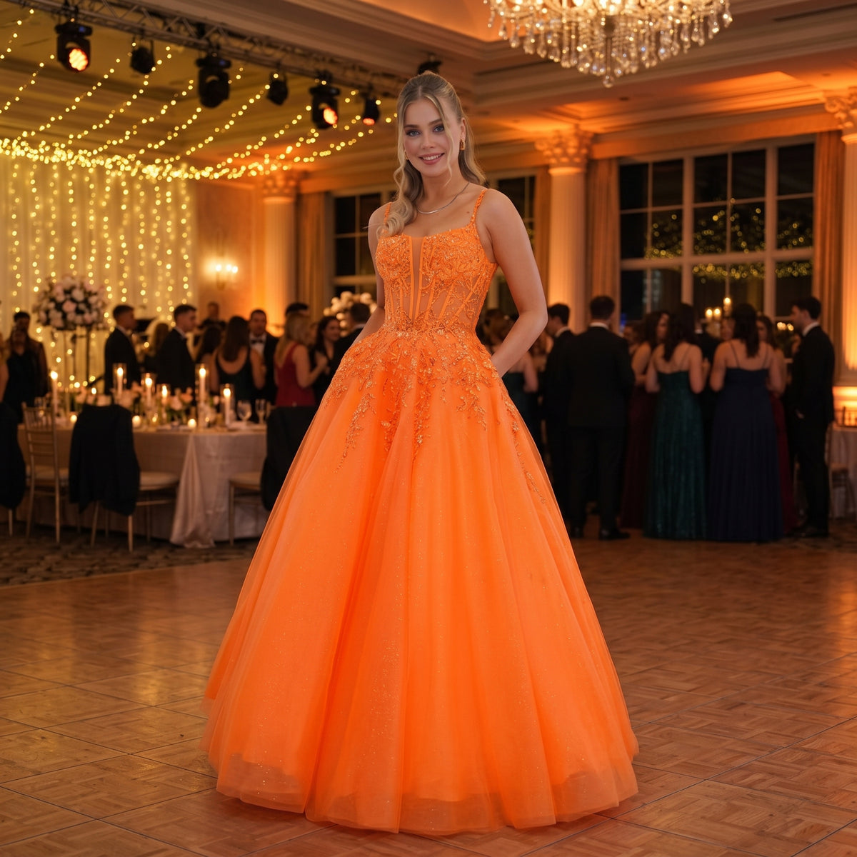 Robe de bal coupe princesse avec bustier corset brodé de perles scintillantes et jupe en tulle volumineuse vue de face en soirée de gala