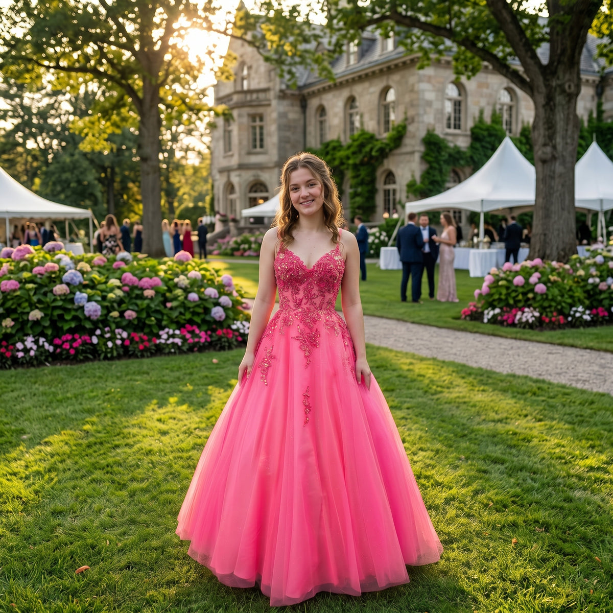 Robe de bal princesse bustier brodé de strass et sequins avec jupe volumineuse en tulle