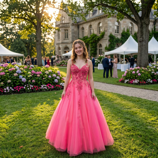 Robe de bal princesse bustier brodé de strass et sequins avec jupe volumineuse en tulle