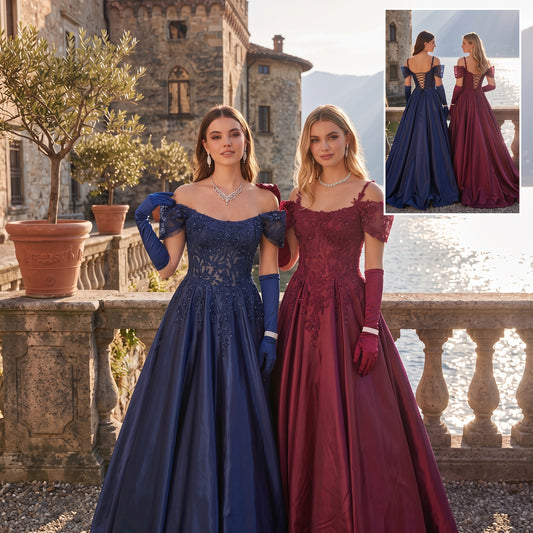 Robe de bal longue en satin avec bustier brodé en dentelle perlée et manches courtes drapées à épaules dénudées