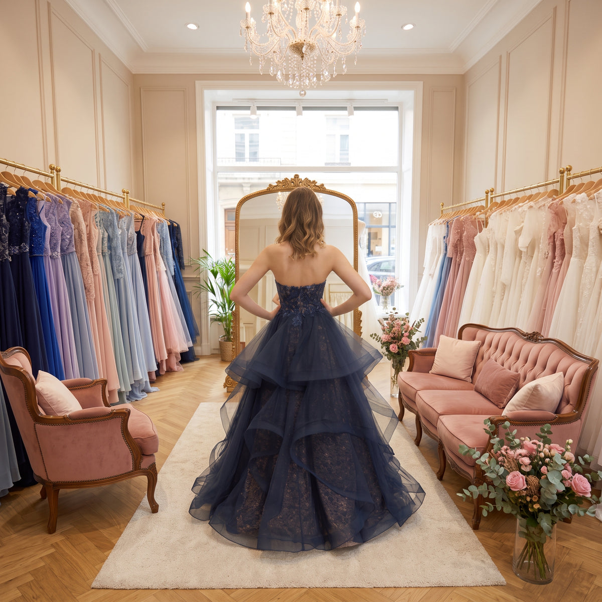 Vue arrière d'une robe de bal avec corset dos nu et jupe ample en cascade de tulle
