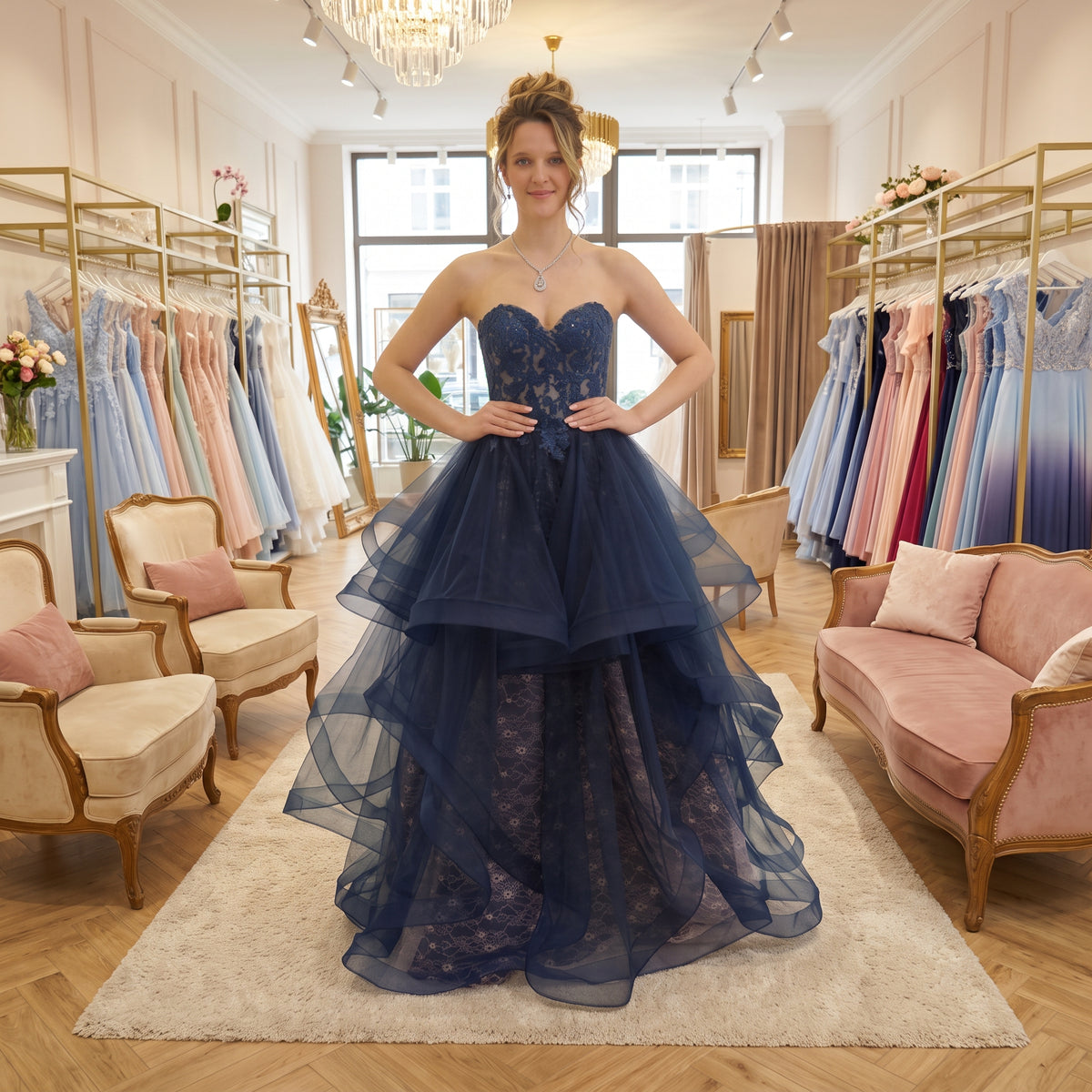Robe de bal princesse bustier cœur en dentelle florale avec jupe volumineuse à volants de tulle
