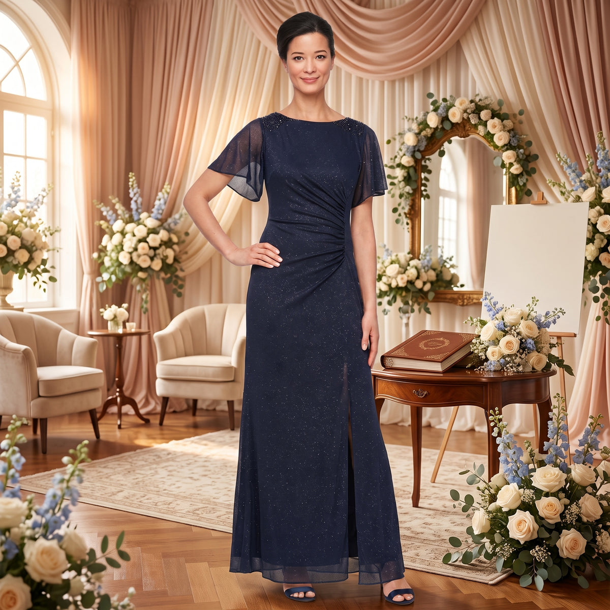 Robe longue habillée de soirée pour mère de la mariée avec tissu scintillant, manches courtes papillon et taille drapée