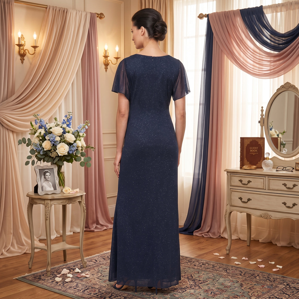 Robe de cérémonie longue et fluide avec manches papillon et dos fermé élégant
