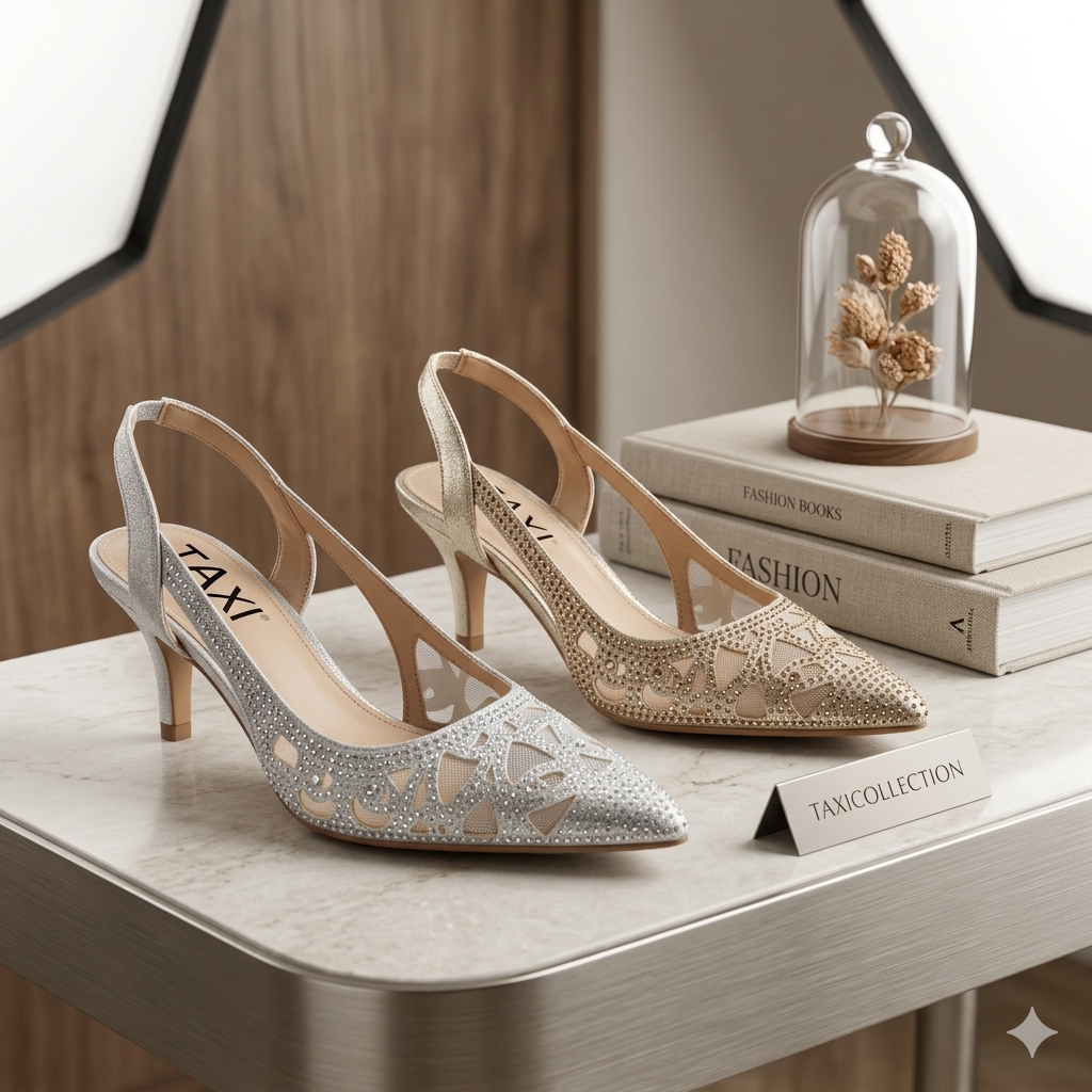 Une paire d'escarpins Christy de la Taxi Collection, un en argent scintillant et un en doré champagne, présentés sur une table en marbre. Les chaussures ont des bouts pointus, une maille transparente ornée de cristaux, et des talons chatons fins. À côté, des livres de mode et une cloche en verre. L'étiquette de prix est marquée "TAXICOLLECTION".
