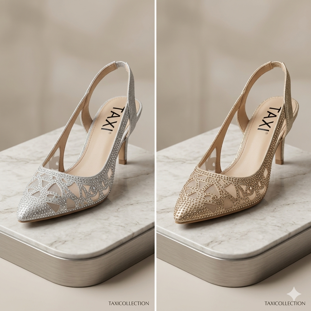 Une paire d'escarpins Christy de la Taxi Collection, un en argent scintillant et un en doré champagne, présentés sur une table en marbre. Les chaussures ont des bouts pointus, une maille transparente ornée de cristaux, et des talons chatons fins. À côté, des livres de mode et une cloche en verre. L'étiquette de prix est marquée "TAXICOLLECTION".