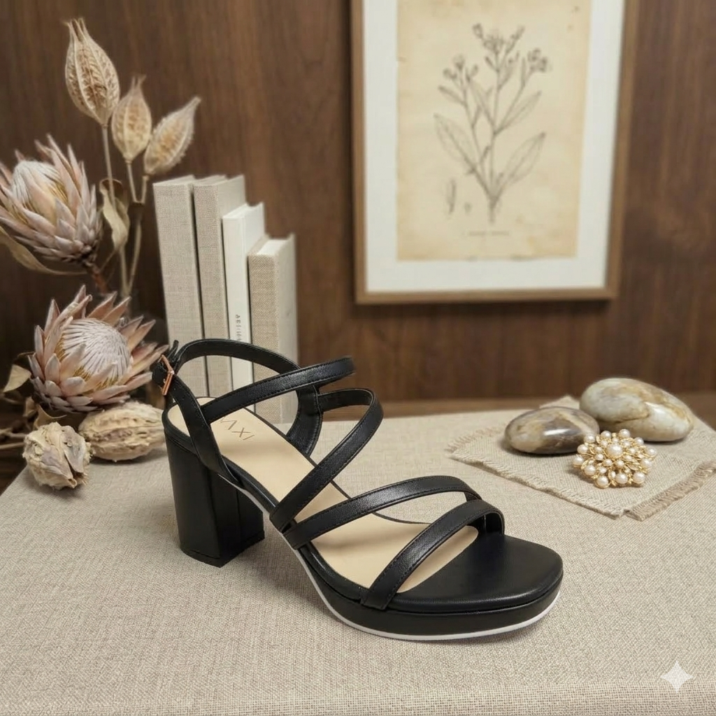 Sandales à plateforme et talons blocs modèle Claudia de Taxi. Version en noir lisse et version en argent scintillant avec brides croisées, présentées sur un fond neutre avec une clé décorative.