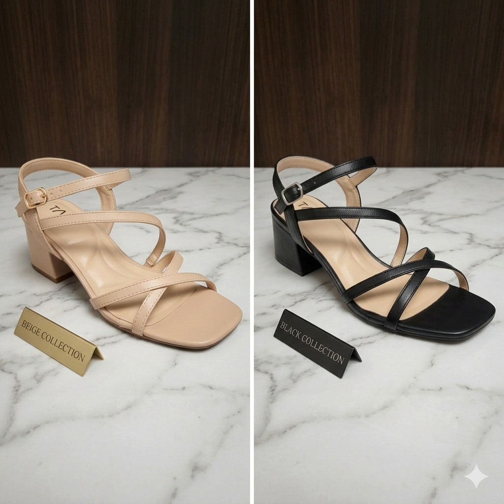 Sandales à talons blocs bas modèle Liv de Taxi Collections en noir et beige nude. Design à brides asymétriques fines, bout carré et semelle intérieure coussinée, présentées sur marbre avec livres de mode.