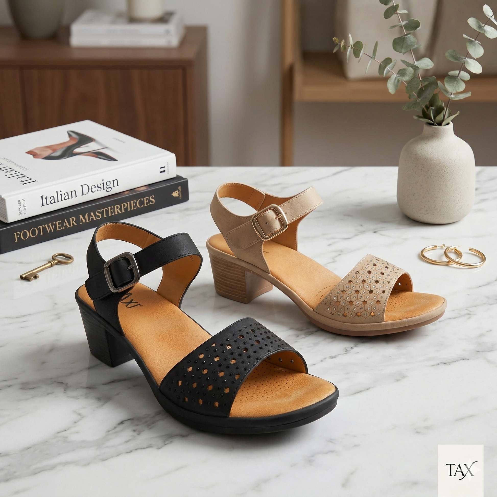 Paire de sandales Monica de Taxi en noir et beige sable. Bride avant perforée avec micro-strass, bride de cheville ajustable et talon bloc fini bois, présentées sur un comptoir de marbre avec des livres de design italien.