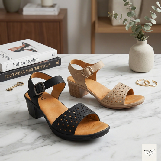 Paire de sandales Monica de Taxi en noir et beige sable. Bride avant perforée avec micro-strass, bride de cheville ajustable et talon bloc fini bois, présentées sur un comptoir de marbre avec des livres de design italien.