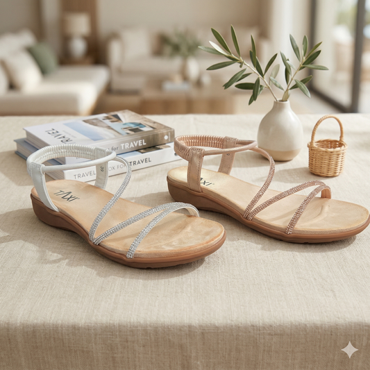 Paire de sandales plates Paige de Taxi en argent et or rose. Design à fines brides scintillantes ornées de strass avec bride arrière élastique, présentées sur une table avec des livres de voyage.