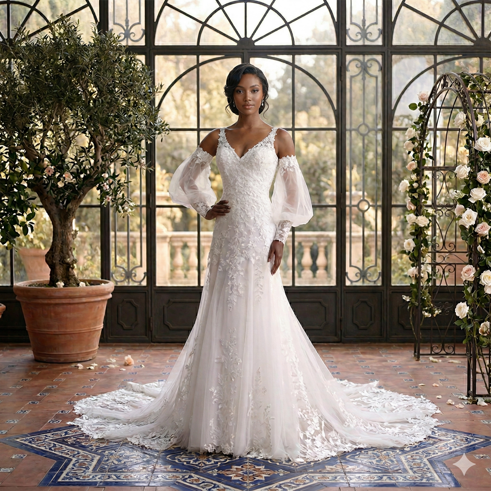 Mannequin portant une robe de mariée de style princesse en tulle blanc avec bustier en dentelle florale dans une verrière lumineuse.