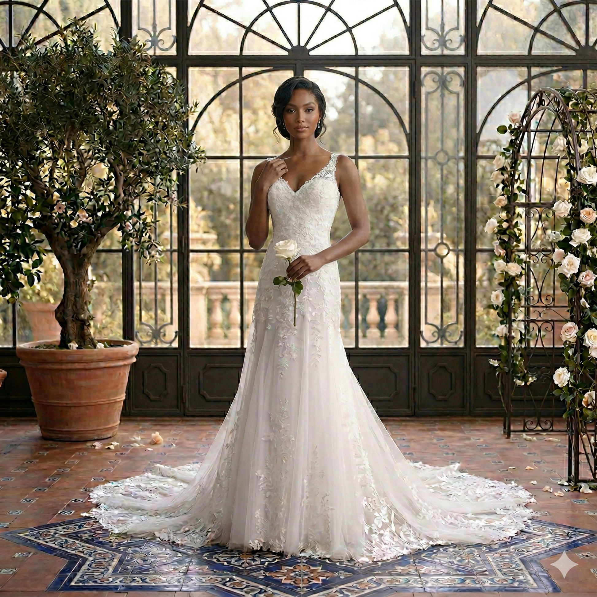 Mannequin portant une robe de mariée de style princesse en tulle blanc avec bustier en dentelle florale dans une verrière lumineuse.