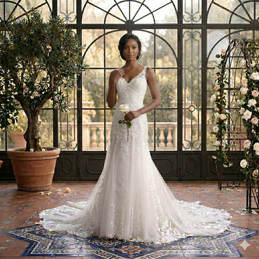 Mannequin portant une robe de mariée de style princesse en tulle blanc avec bustier en dentelle florale dans une verrière lumineuse.