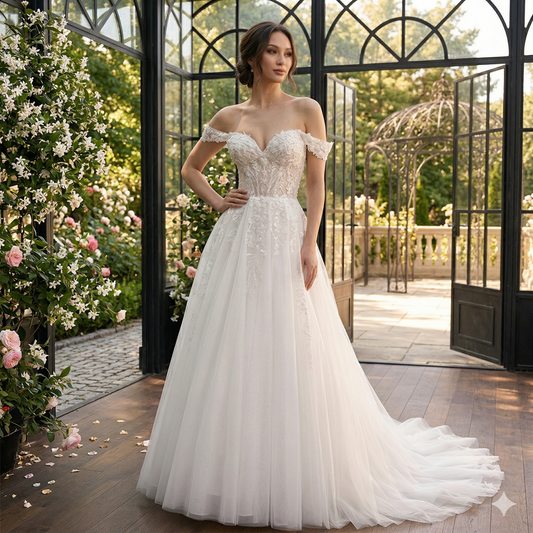 Robe de mariée de style princesse en tulle blanc, bustier corset à fleurs et épaules dénudées, présentée dans une verrière de jardin.