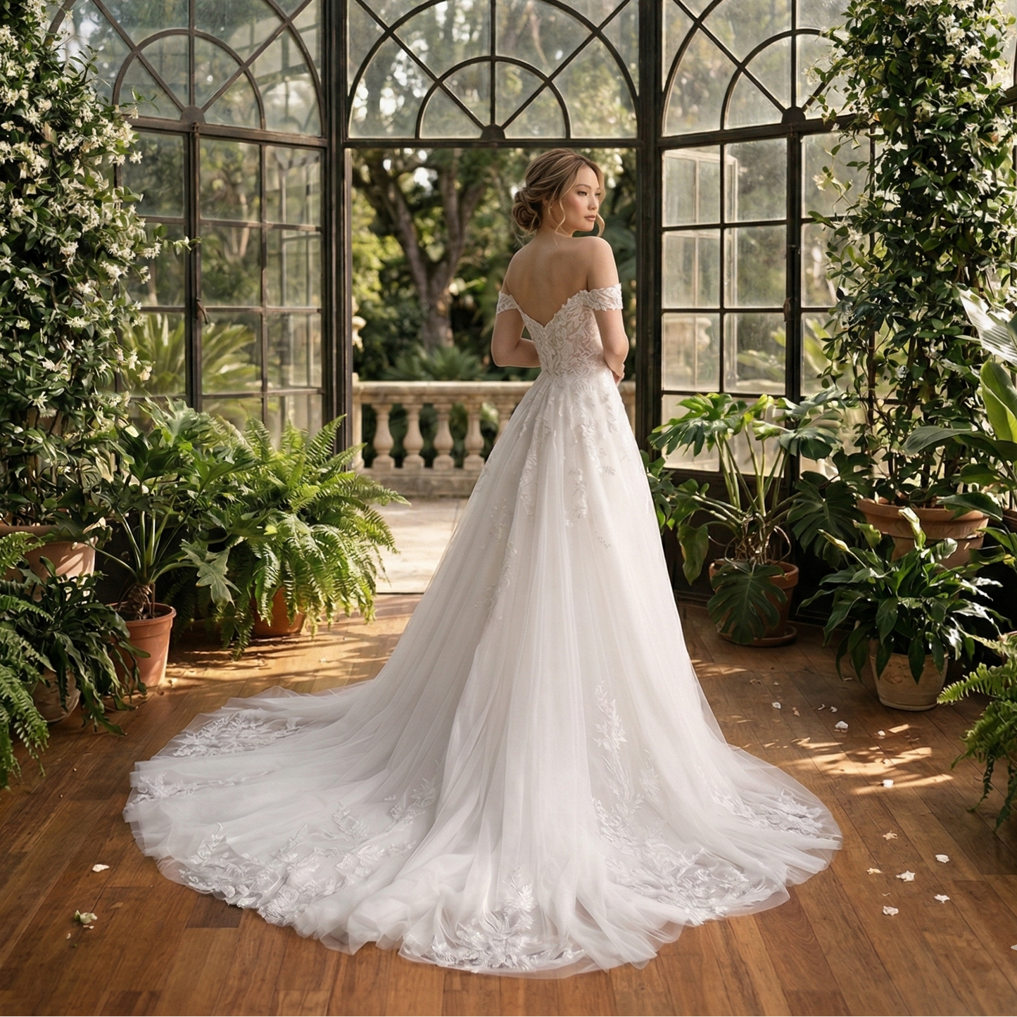 Robe de mariée de style princesse en tulle blanc, bustier corset à fleurs et épaules dénudées, présentée dans une verrière de jardin.
