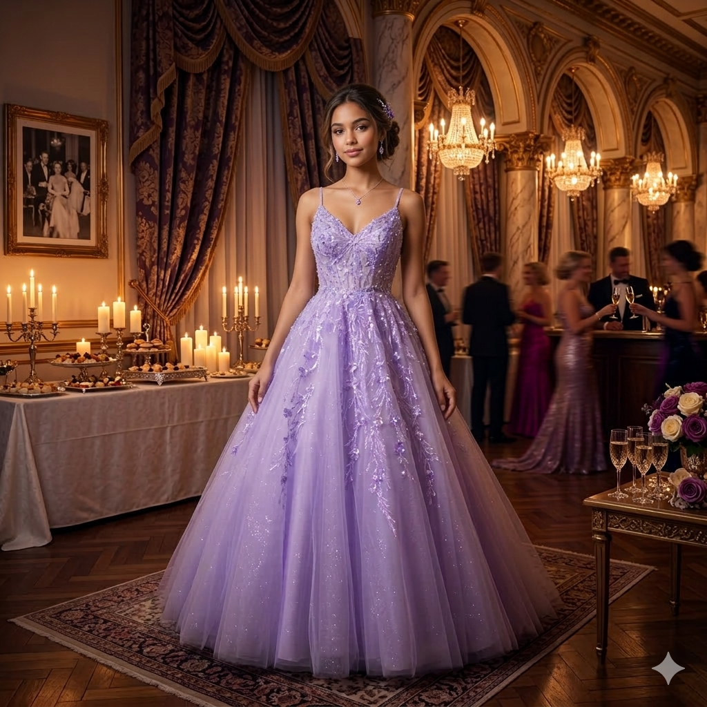Robe de soirée longue style princesse, couleur lilas, ornée de broderies florales et sequins, idéale pour un bal ou un gala.