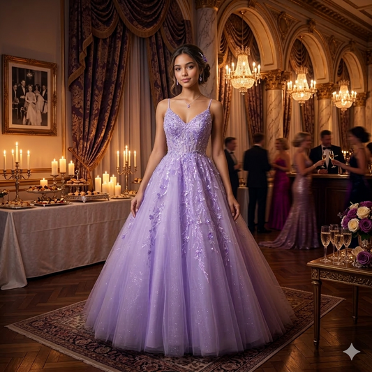 Robe de soirée longue style princesse, couleur lilas, ornée de broderies florales et sequins, idéale pour un bal ou un gala.