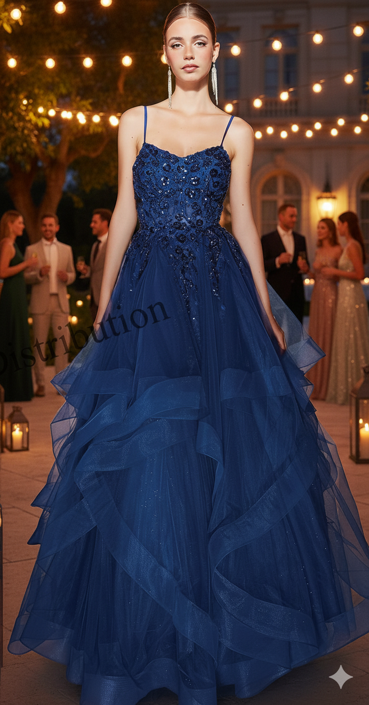 Robe de bal bleu nuit à volants de tulle vaporeux et bustier orné de sequins scintillants.