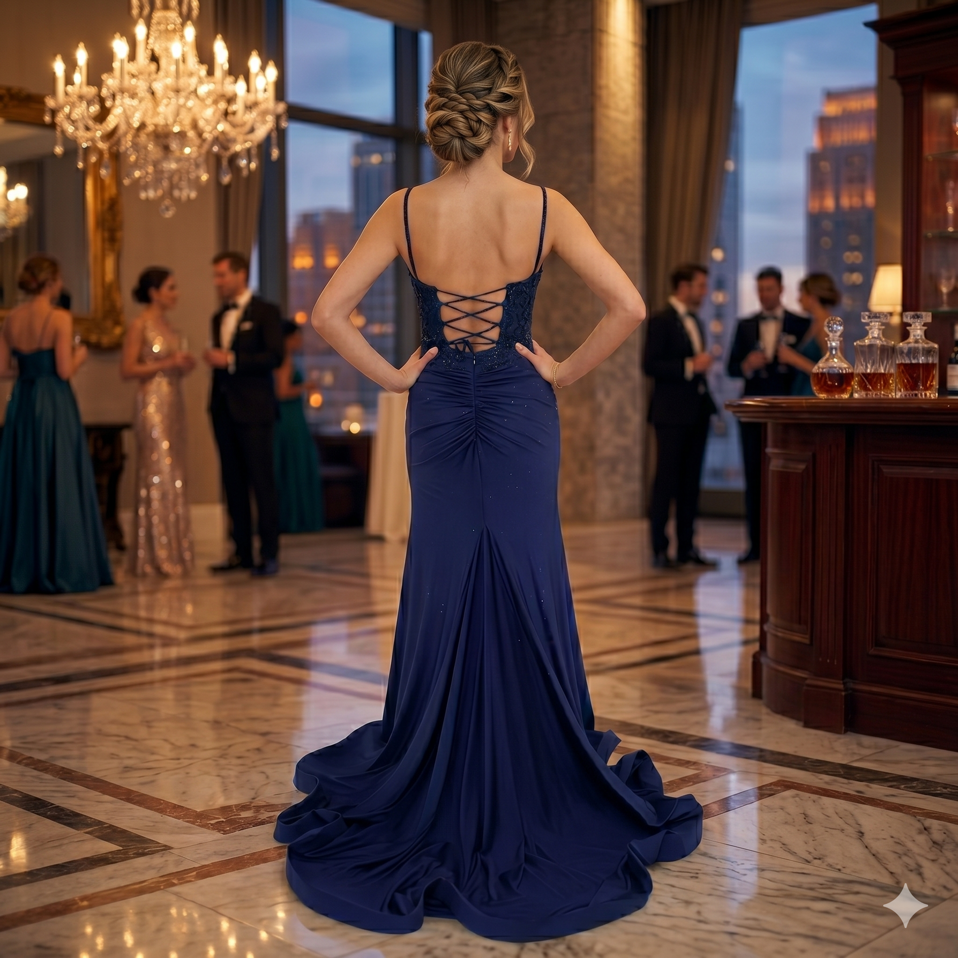 Robe de soirée longue bleu marine avec un lacet au dos, posant dans un salon de gala luxueux.