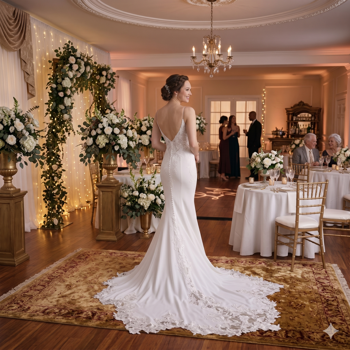 Vue arrière d'une robe de mariée sirène ivoire avec dos nu en dentelle, boutons alignés et longue traîne brodée sur un sol de réception de mariage.