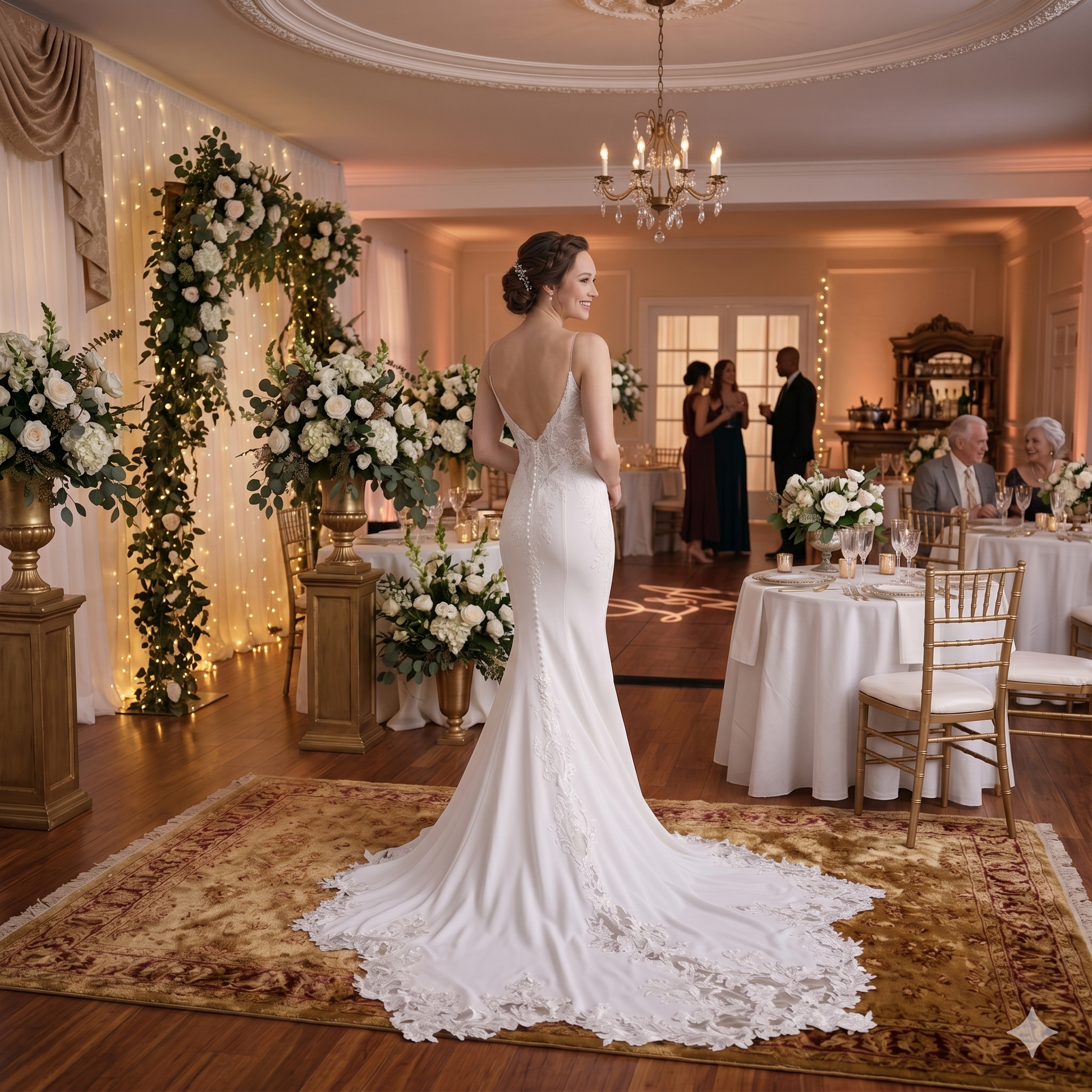 Vue arrière d'une robe de mariée sirène ivoire avec dos nu en dentelle, boutons alignés et longue traîne brodée sur un sol de réception de mariage.