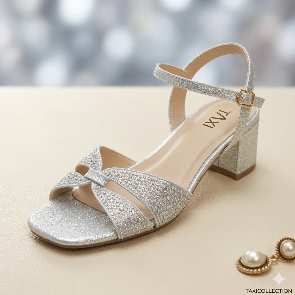 Une paire de sandales Sage de la marque Taxi, une en or rose poudré et une en argent métallique, présentées sur une table en tissu beige. Les sandales ont des brides entrelacées ornées de strass dégradés, des bouts carrés ouverts, et des talons blocs carrés moyens. À côté, une fleur blanche et des boucles d'oreilles en perle. L'étiquette de prix est marquée "TAXICOLLECTION".
